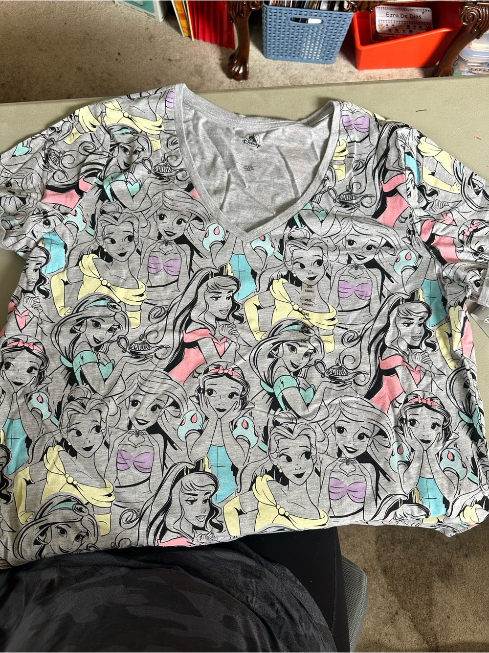 Disney Gray V-Neck Tee with Pastel Princess Pattern